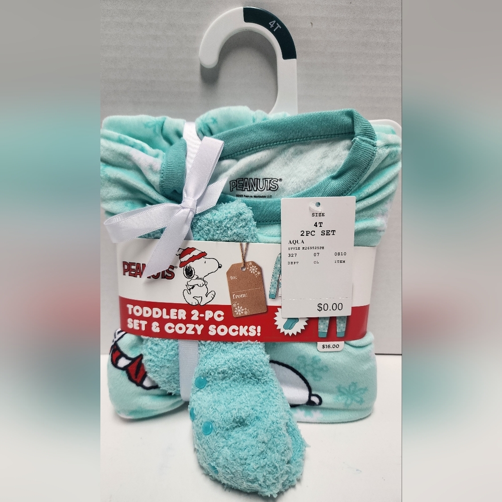 4T Toddler 2pc Snoopy Snuggly Soft Pajama Set Socks Aqua Blue Top Pants New